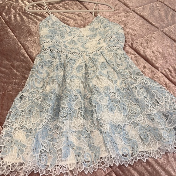 Just Me Lace Ruffle Dress in Light Blue Floral size Large - Picture 10 of 10